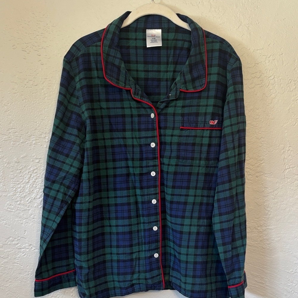 Vineyard Vines Christmas Green and Blue Plaid 100% Cotton Holiday pajama top L